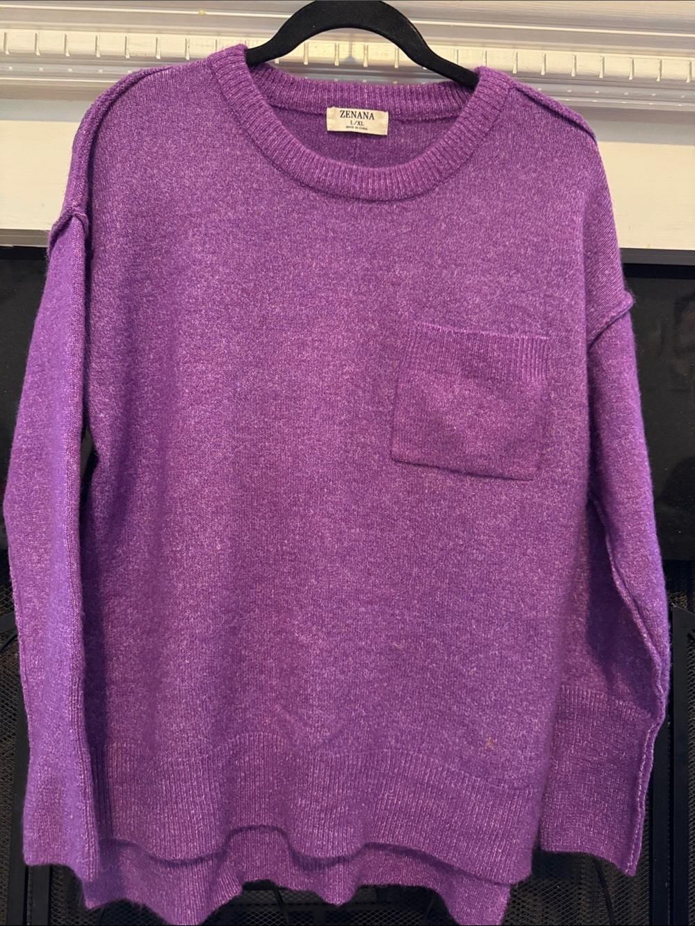 Zenana Outfitters Vibrant Purple Crewneck Sweater with Chest Pocket
